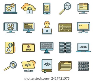 Pc testing software icons set. Outline set of pc testing software vector icons thin line color flat on white