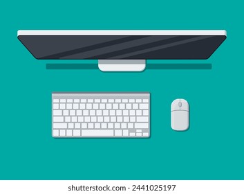 PC top view. Modern desktop computer with keyboard and mouse. Personal computer screen top view. Wireless input devices. Vector illustration in flat style