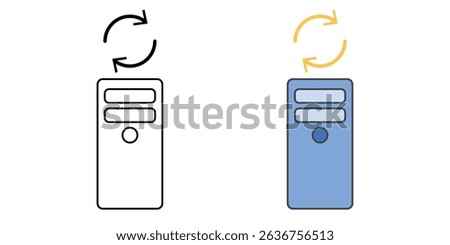 PC tower with circular arrow above it in outline and color styles, vector icon representing system reboot, hardware reset, or troubleshooting cycle in desktop computer environments.