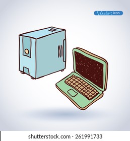 pc tower, deskptop icon, Hand drawn vector illustration.