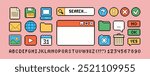 PC user interface icons in 90s pixel art style set 3. Retro pixel video game style office and organizer App icons set, calendar, Search bar, PC window, media player. Editable perfect pixel vector