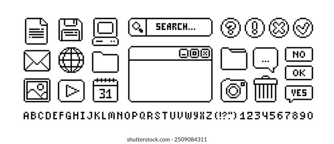 Ícones da interface do usuário do PC no estilo pixel art dos anos 90. Retro pixel vídeo game estilo escritório e organizador App ícones definir, navegador, Barra de pesquisa, PC janela, media player. Vetor de pixel editável isolado no branco