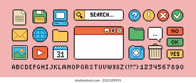 Ícones da interface do usuário do PC no conjunto de estilo de arte de pixel 3 dos anos 90. Retro pixel vídeo game estilo escritório e organizador App ícones definir, calendário, Barra de pesquisa, PC janela, media player. Vetor de pixel perfeito editável