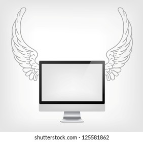 PC con alas aisladas en fondo de gradiente gris. Vector.