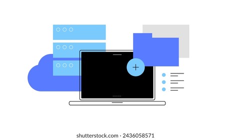 Trabajo con PC. Almacenamiento de datos y archivos. Ilustración plana simple. Archivo vectorial.