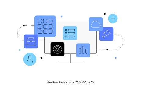 Trabajo en PC y tipos de datos. Ilustración plana de Anuncio de Web. Archivo de Vector.