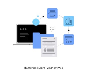 PC work and documents. File management and new file. Flat illustration. Vector file.