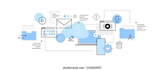 Procesos de trabajo de PC. Actividad del usuario. Portátil con archivos. Ilustración plana moderna. Archivo vector.