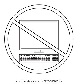 Símbolo de prohibición de PC o estación de trabajo con estilo de contorno. Icono de cliente vectorial de prohibición de equipo de escritorio