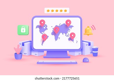 Pc With The World Map And Location Pin On Screen. Cardboard Box With An App For Online Shopping And Worldwide Delivery Tracking. 3D Vector Illustration