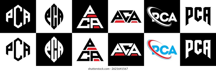 PCA letter logo design in six style. PCA polygon, circle, triangle, hexagon, flat and simple style with black and white color variation letter logo set in one artboard. PCA minimalist and classic logo