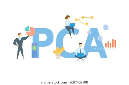 PCA, Principal Component Analysis. Concept with keyword, people and icons. Flat vector illustration. Isolated on white.