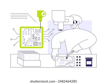 PCB assembling abstract concept vector illustration. Printed circuit board assembly process, electronics manufacturing, light industry, solder paste, modern technology abstract metaphor.