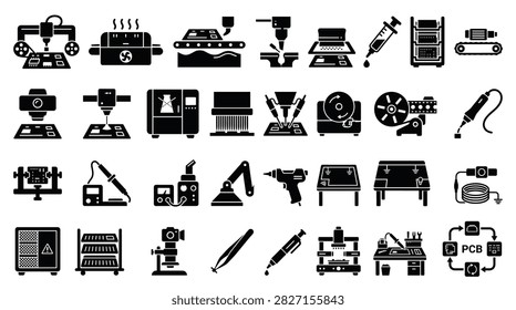 PCB Electronics Manufacturing Soldering and Hardware Assembly Glyph Icon Set