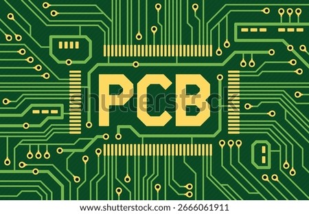 Pcb element text. Hi tech style inscription, electronic circuit board, contact pad, abstract lines, digital backdrop, green background with electric component computer processor nowaday vector concept
