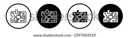 PCB icon set. circuit with semiconductor vector symbol in black filled and outlined style.