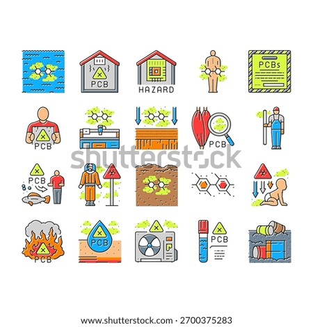 pcb pollution contamination icons set vector. toxins, chemicals environment, waste industrial, hazardous cleanup, remediation pcb pollution contamination color line illustrations