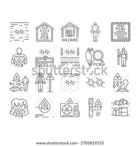 pcb pollution contamination icons set vector. toxins, chemicals environment, waste industrial, hazardous cleanup, remediation pcb pollution contamination black contour illustrations