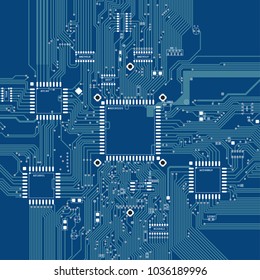 (PCB) Printed Circuit Boad top view. Blue color.  Engineering modern background wothout electronic components.