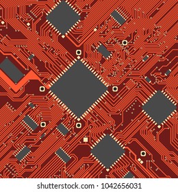 (PCB) Printed Circuit Boad top view. Engineering modern background woth electronic components.