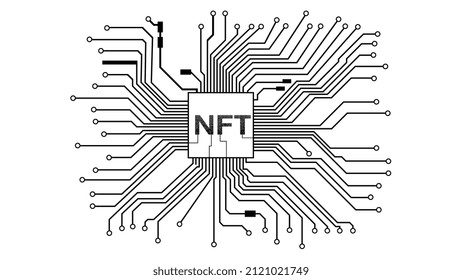 PCB tracks with NFT non fungible token in center isolated on white. Website design element. Vector illustration.