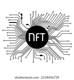 PCB tracks with NFT non fungible token in black center isolated on white. Website design element. Vector illustration.