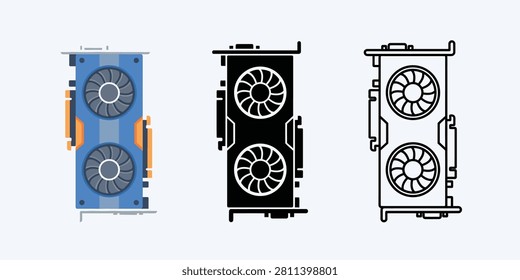PCI express workstation computer graphics processing card shown from front view in detailed flat art, solid silhouette, and vector outline.