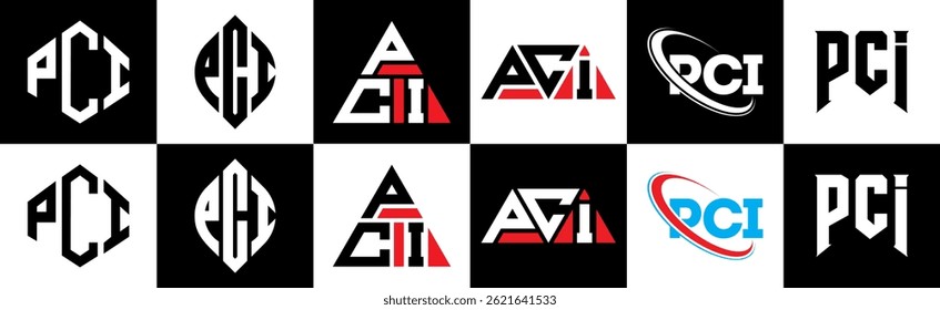 PCI letter logo design in six style. PCI polygon, circle, triangle, hexagon, flat and simple style with black and white color variation letter logo set in one artboard. PCI minimalist and classic logo