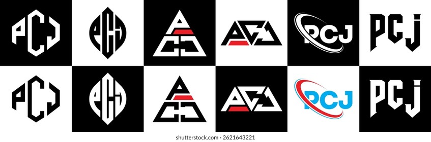PCJ letter logo design in six style. PCJ polygon, circle, triangle, hexagon, flat and simple style with black and white color variation letter logo set in one artboard. PCJ minimalist and classic logo