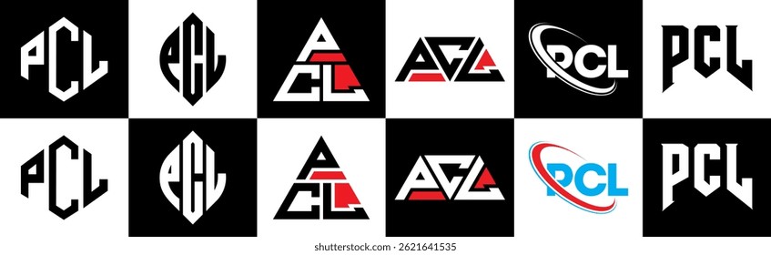 Diseño del logotipo de la letra de PCL en seis estilos. PCL polígono, círculo, triángulo, hexágono, estilo plano y simple con logo de letra de variación de color blanco y negro en una mesa de trabajo. Logotipo minimalista y clásico de PCL