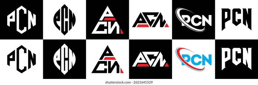 PCN letter logo design in six style. PCN polygon, circle, triangle, hexagon, flat and simple style with black and white color variation letter logo set in one artboard. PCN minimalist and classic logo