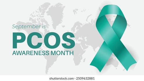 PCOS (Síndrome de ovario poliquístico) Mes de Concientización. Observado en septiembre. Póster presenta el símbolo de la cinta verde azulado de nuevo fondo blanco de un mapa del mundo.