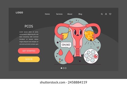 PCOS, polycystic ovary syndrome night or dark mode web banner or landing page. Female reproductive system. Endocrine system organ disease. Human hormones secretion imbalance. Flat vector illustration