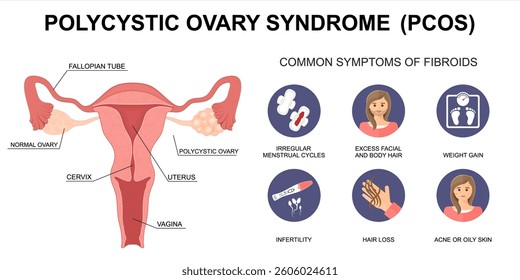 PCOS – Polycystic Ovary Syndrome Symptoms. Uterus Cross-Section and Polycystic Ovary.  Medical Vector Illustration. 