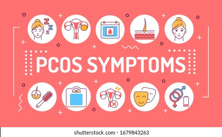 PCOS symptoms word lettering typography. Female reproductive system disease. Infographics with linear icons on red background. Isolated outline color illustration