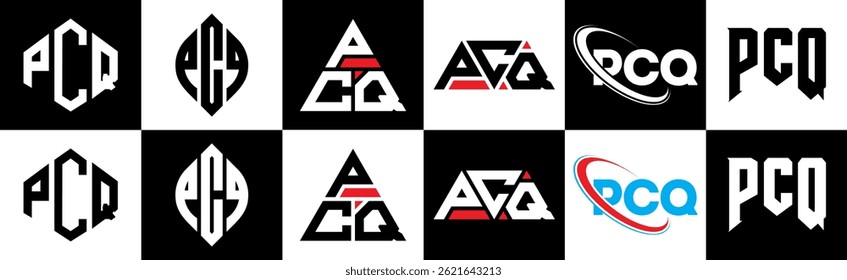 PCQ letter logo design in six style. PCQ polygon, circle, triangle, hexagon, flat and simple style with black and white color variation letter logo set in one artboard. PCQ minimalist and classic logo