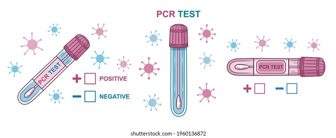 PCR Coronavirus rapid test. Tube with laboratory sample. Nasal swab probe. Testing on Covid-19 viral infection. Positive or negative result medical lab analysis. Research nasopharynx. Cartoon vector