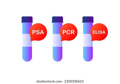 PCR, PSA, flacones ELISA. Plano, color, PCR test, PSA y ELISA flacons. Iconos del vector