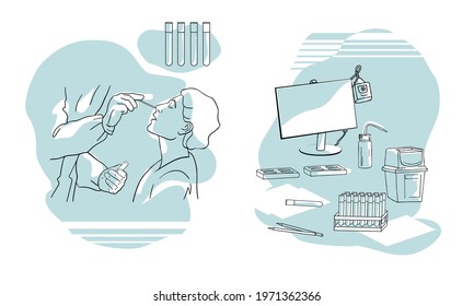 PCR test concept. Health Professional introducing nasal swab to female patient. Rapid Antigen Test to analyze nasal sampling for Covid-19, Coronavirus Pandemic. Laboratory equipment set. line drawing 