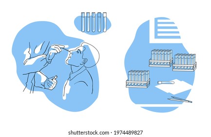 PCR test concept. Health Professional introducing nasal swab to man patient. Rapid Antigen Test to analyze nasal sampling for Covid-19, Coronavirus Pandemic. Laboratory equipment set. line drawing 