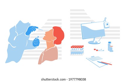 PCR test concept. Health Professional introducing nasal swab to female patient. Rapid Antigen Test to analyze nasal sampling for Covid-19, Coronavirus Pandemic. Laboratory equipment set. 