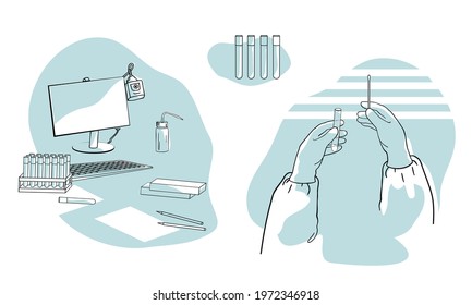 PCR test concept.Health Professional hands in protective gloves with nasal swab. Rapid Antigen Test to analyze nasal sampling for Covid-19, Coronavirus Pandemic. Laboratory equipment set. line drawing