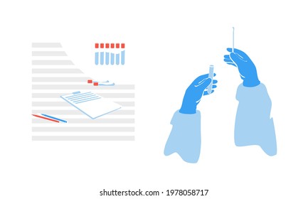 PCR test concept.Health Professional hands in protective gloves with nasal swab. Rapid Antigen Test to analyze nasal sampling for Covid-19, Coronavirus Pandemic. Laboratory equipment set.