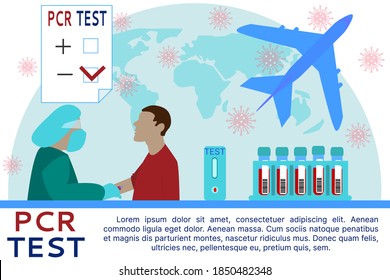 PCR test for coronavirus for flights and plane travel. Vector illustration. Space for text
