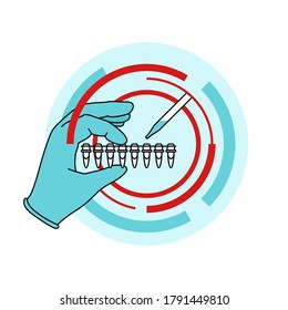 Icono de prueba PCR o logotipo - tira de mano de ocho tubos con mezcla de reacción y anillos concentrados alrededor - emblema aislado