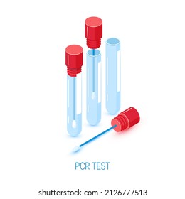 PCR test isometric icon. Swab for Covid antigen test. Vector illustration isolated on a white background.