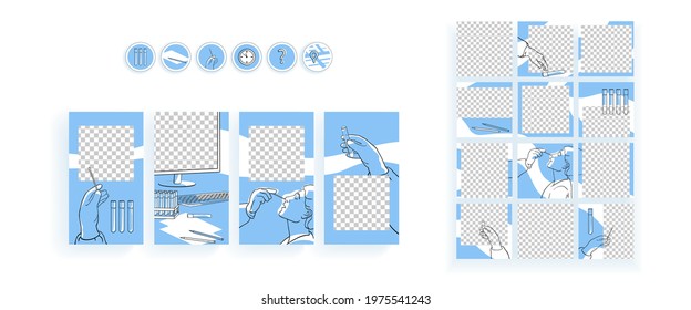 PCR test nasal sampling for Covid-19, Coronavirus concept editable templates set for stories, posts, Highlights.Design for social networks. Story mockup with copy space. line drawing vector