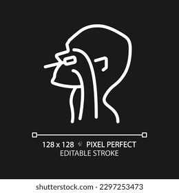 PCR test pixel perfect white linear icon for dark theme. Taking materials for covid test. Sick patient examination. Thin line illustration. Contour symbol. Vector outline drawing. Editable stroke