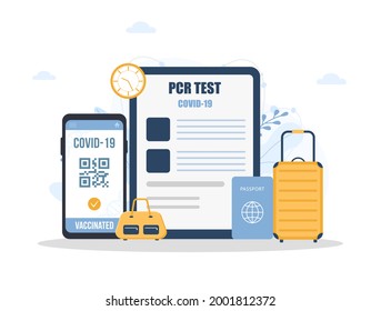 Prueba de PCR para viajes. Código QR con certificado de vacuna. Comprobación de la seguridad de covid-19. Resultados electrónicos en la pantalla del smartphone. Nuevo normal para viajar. Ilustración vectorial al estilo de las caricaturas planas.