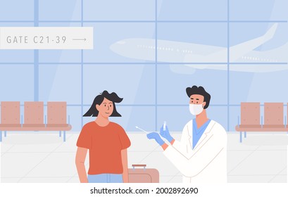 PCR Testing At Airport Poster. Concept Of Travelling With Fit To Fly Certificate. Covid Test Before Departure Or On Arrival. A Male Doctor Wearing Face Mask And Takes Nasal Swab Sample From Traveller.